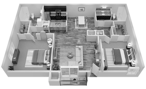 Floor plan for 2 beds, 2 baths, 988 sqft